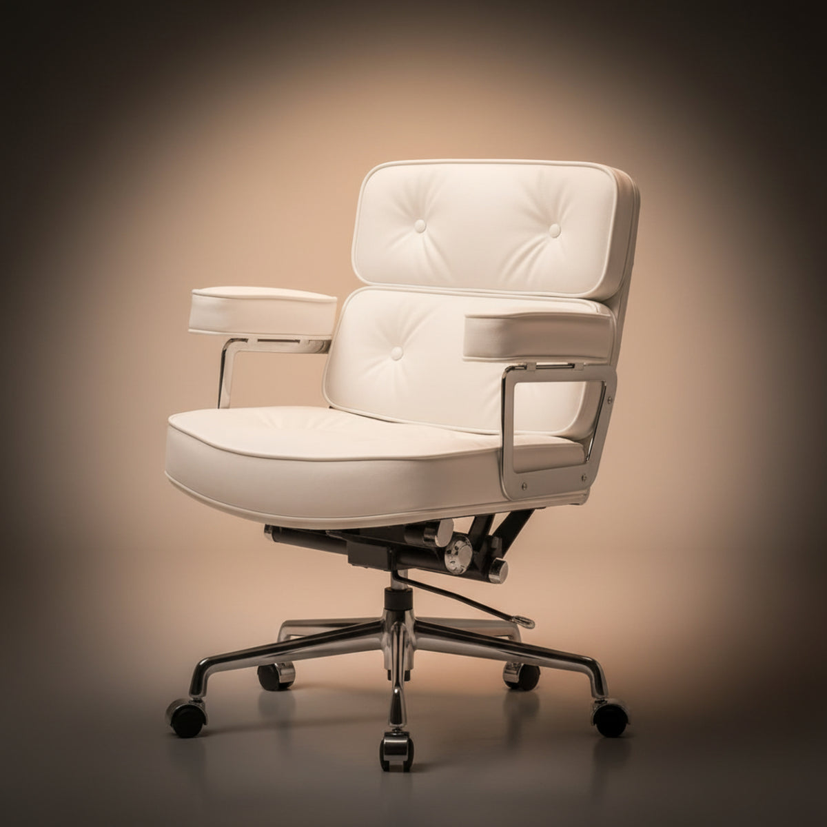 A modern white leather office chair with tufted backrests, integrated armrests, and a chrome five-star wheeled base ES104