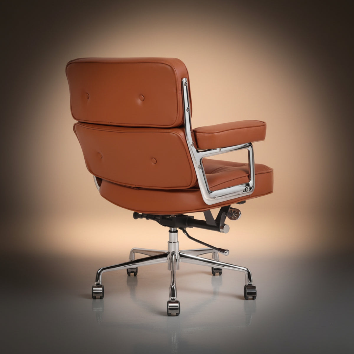 A mid-century modern executive-office-chair-es104-tan-brown with a warm cognac brown leather seat and backrest