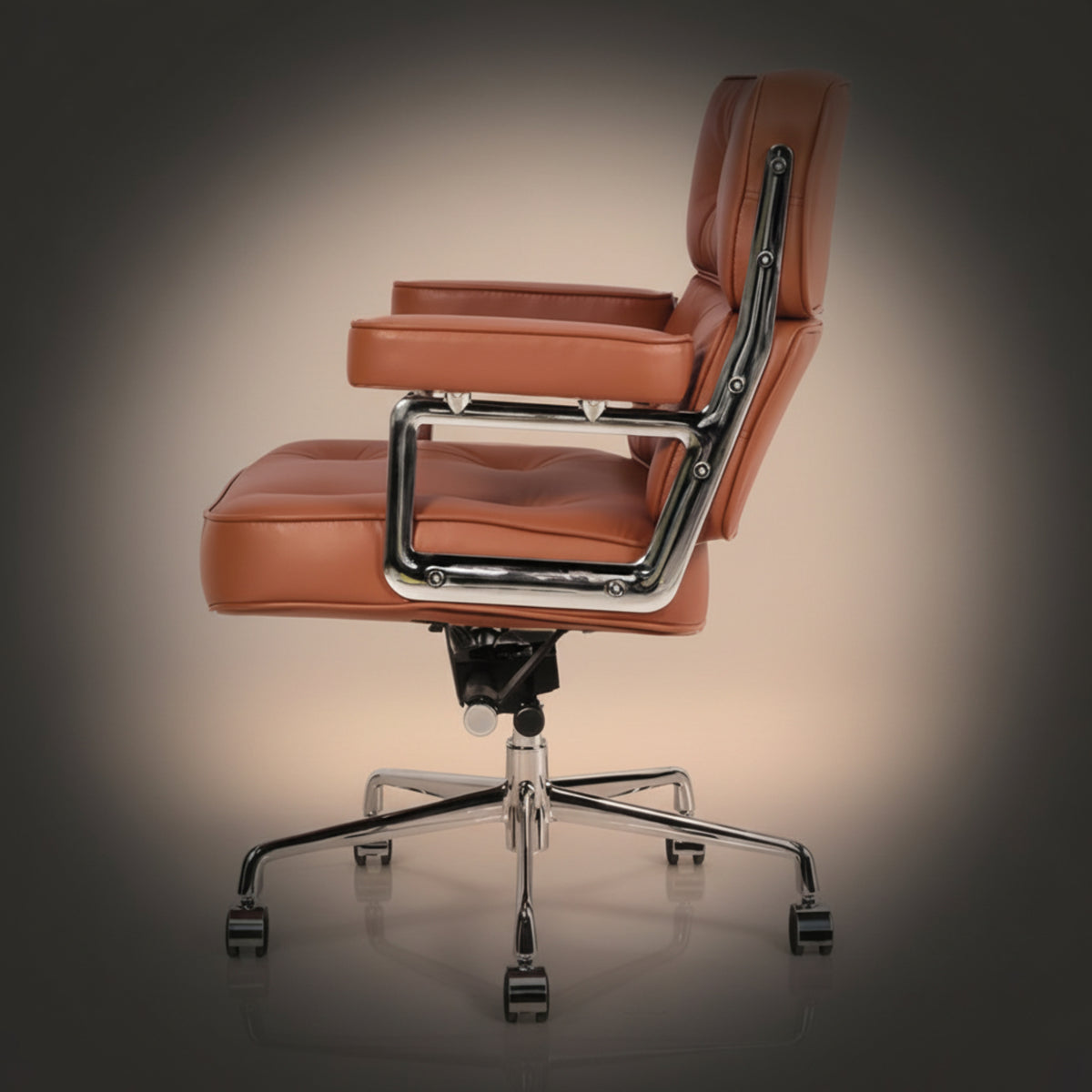 A mid-century modern executive-office-chair-es104-tan-brown with tan leather upholstery and a polished chrome metal frame